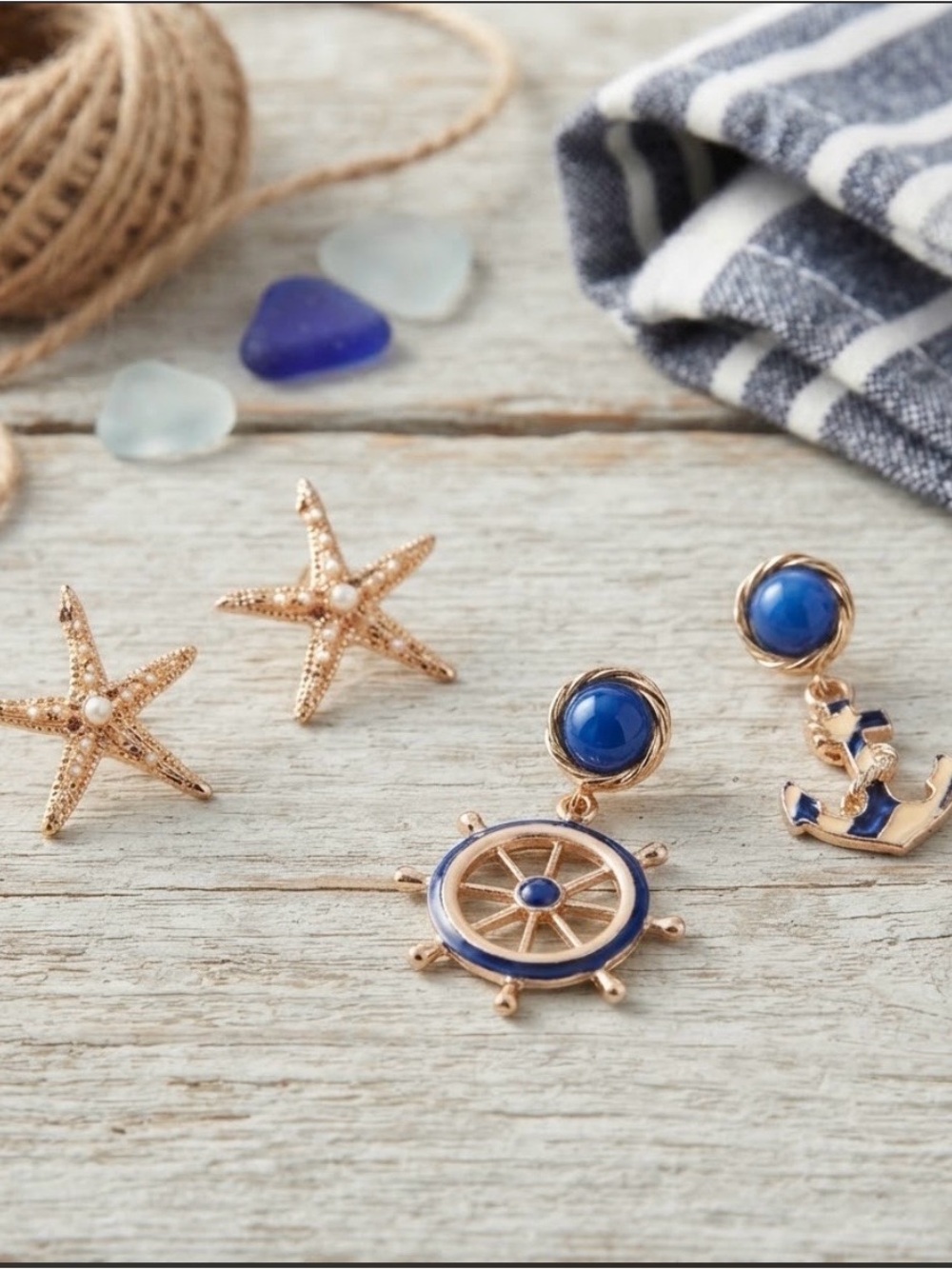 Nautical Earring Lot Anchor Ship Wheel & Starfish Gold Blue 2 Pairs